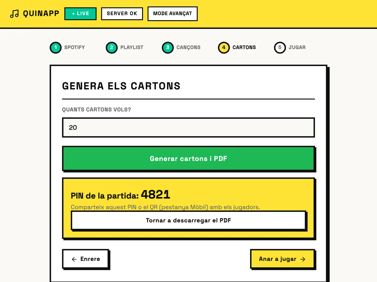El pas de generar cartons, amb el PIN de la partida i el botó per descarregar el PDF