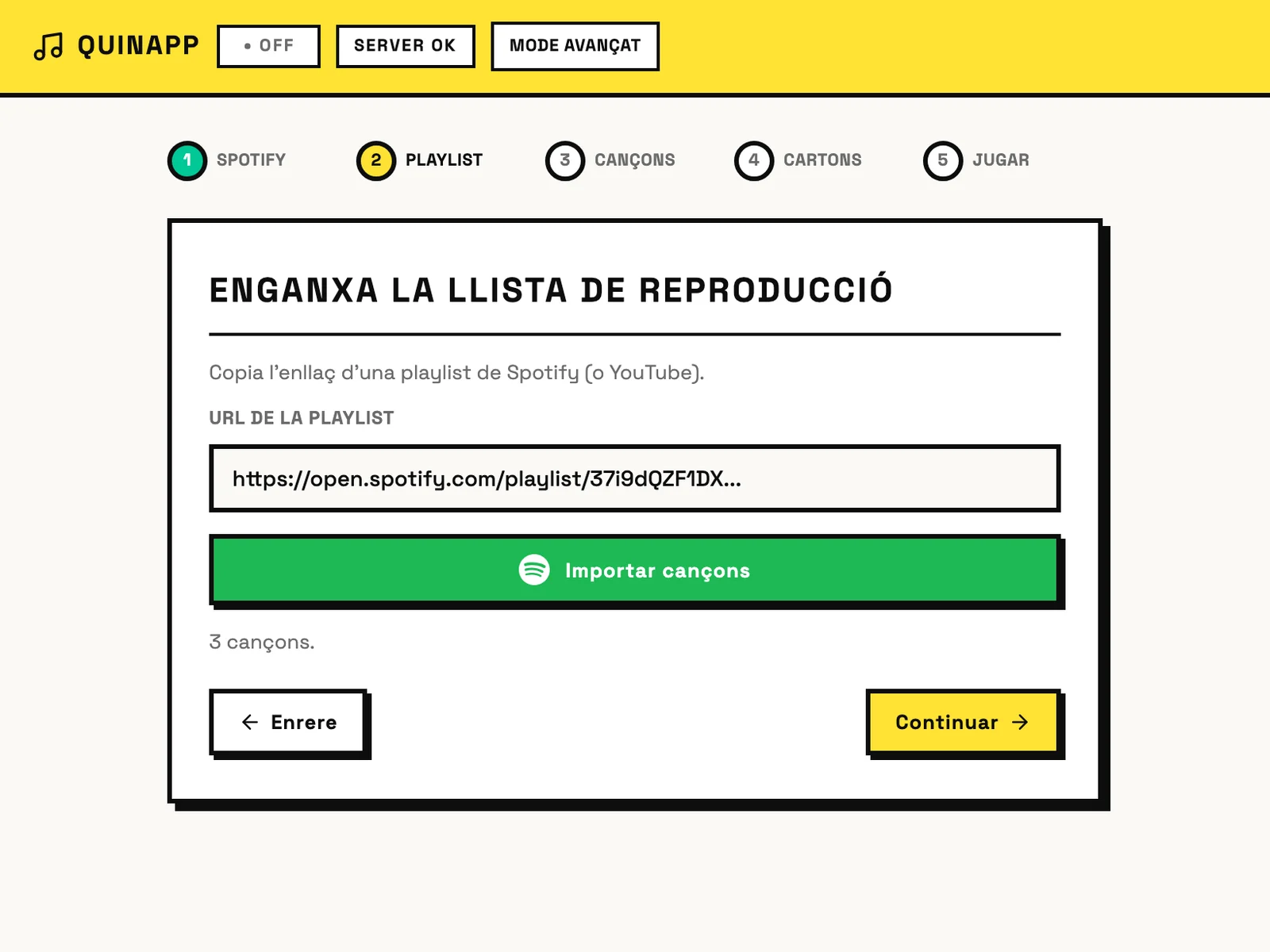 El pas de la playlist a QUINAPP, amb la capçalera groga i un camp per enganxar l'enllaç de Spotify