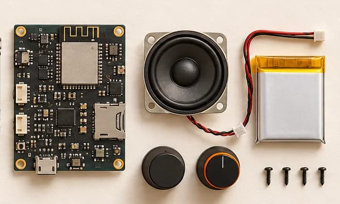 The ESP32-S3 board, speaker, battery and knobs laid out on paper