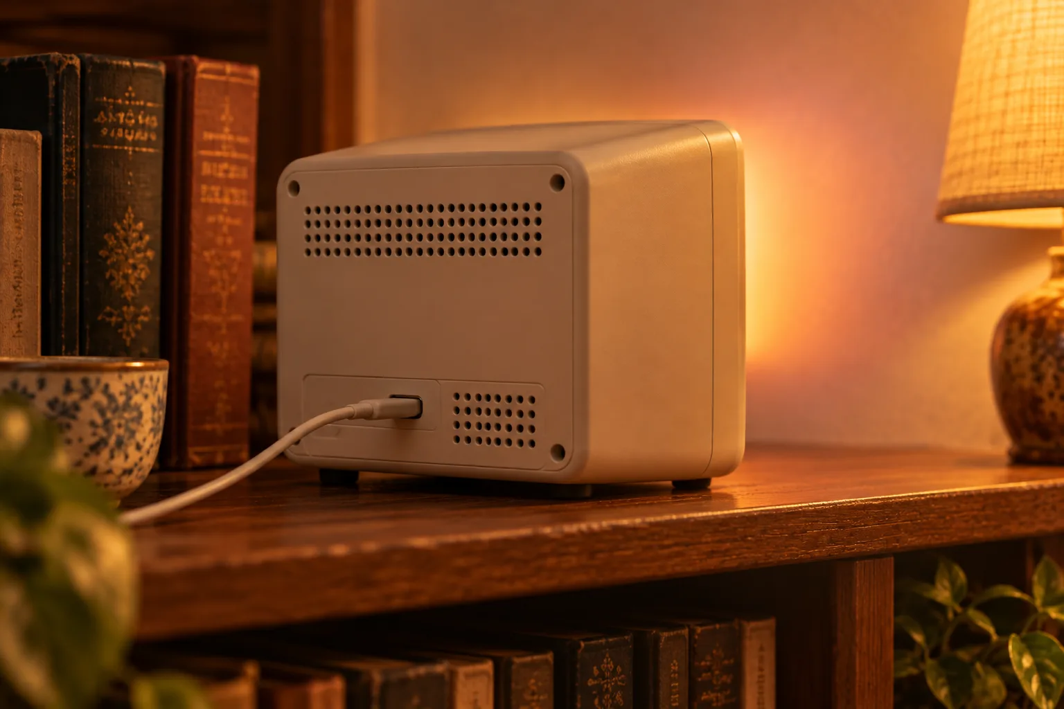 The back of RetroTV on a bookshelf, its screen glowing against the wall