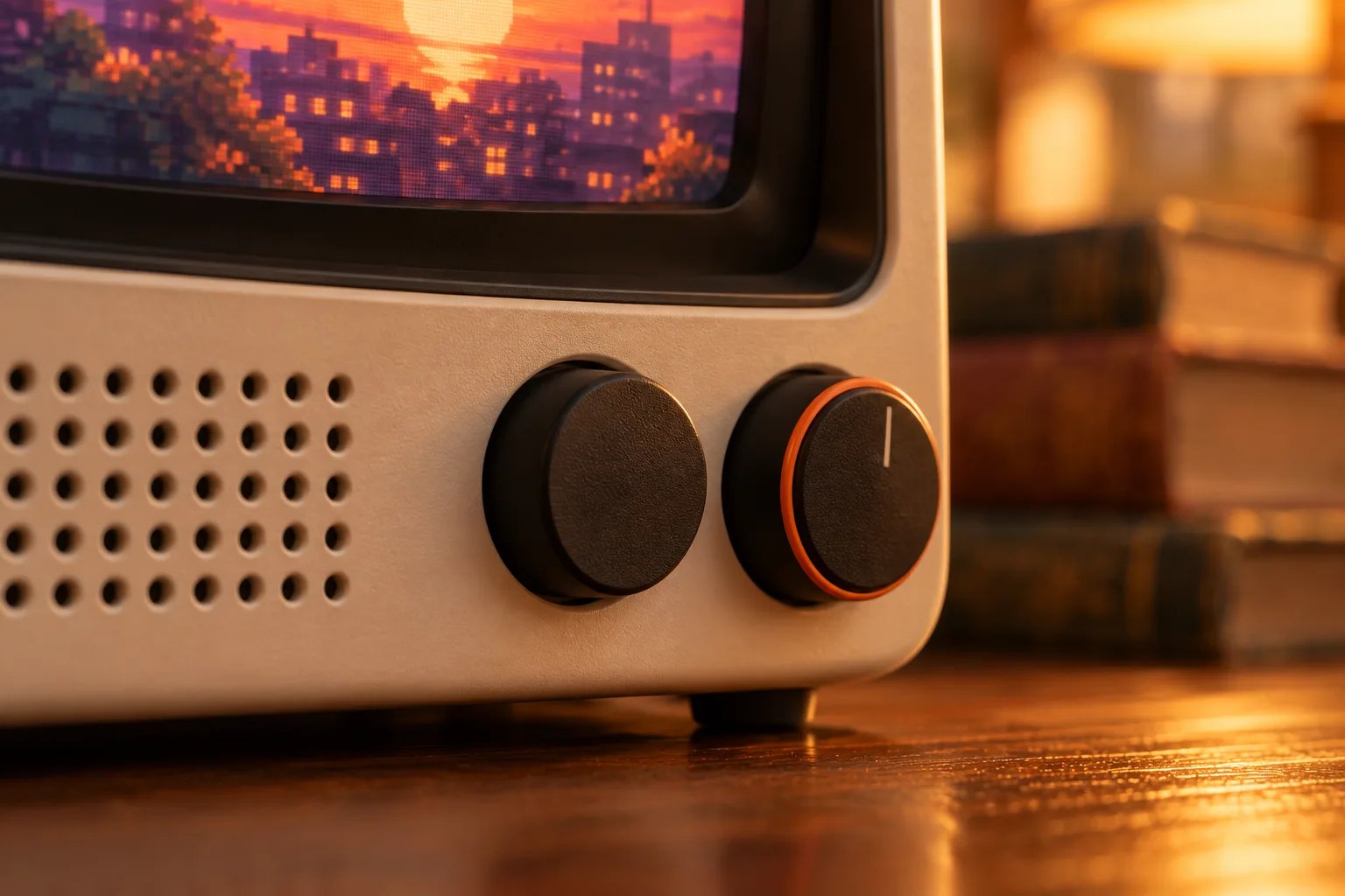 Close-up of the RetroTV volume knob with its orange ring, next to the speaker grille