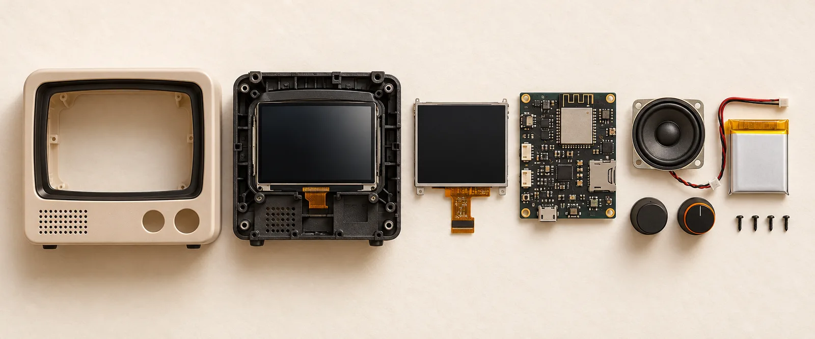 RetroTV disassembled: front shell, chassis, display, ESP32-S3 board, speaker, battery, knobs and screws