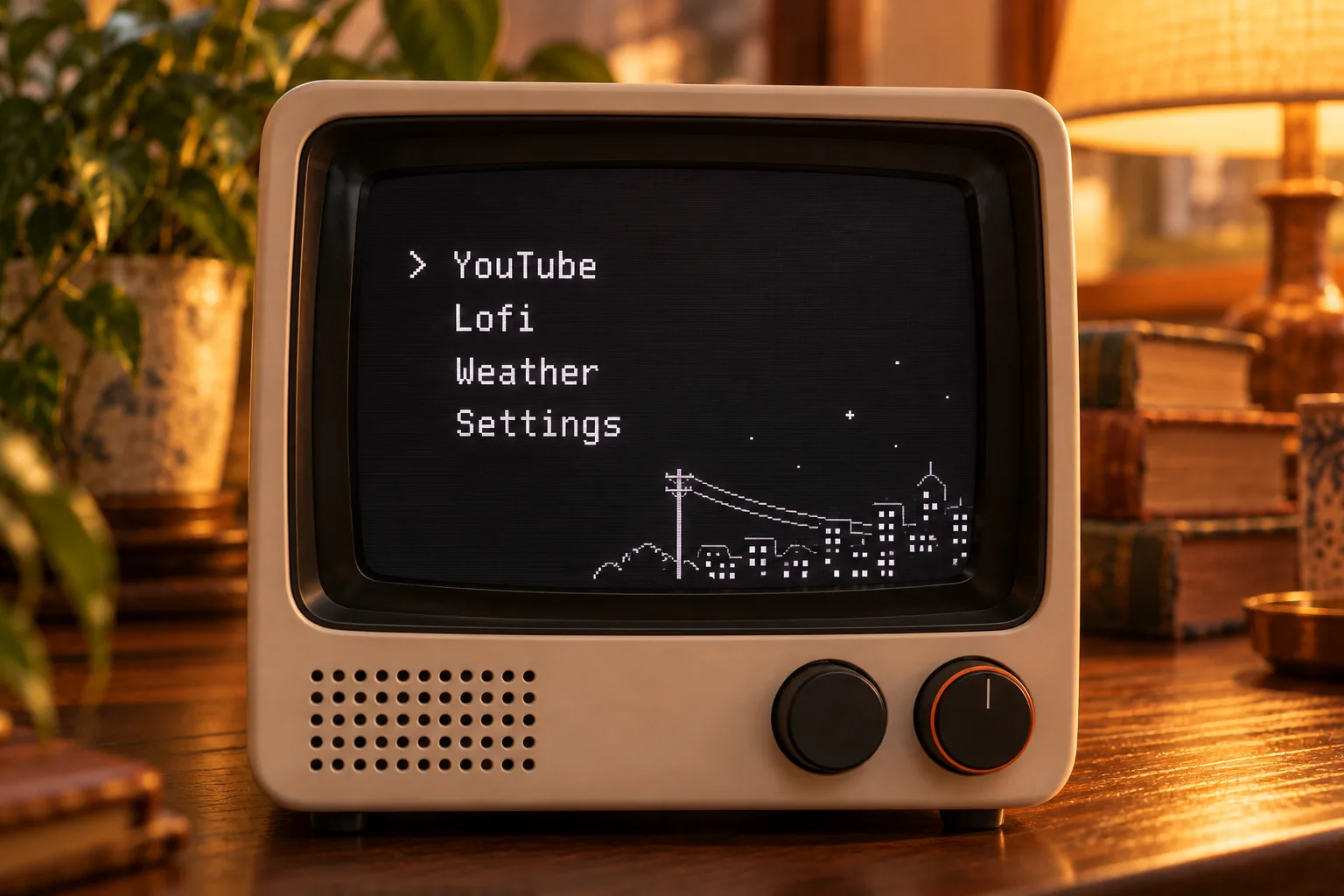 RetroTV launcher menu listing YouTube, Lofi, Weather and Settings