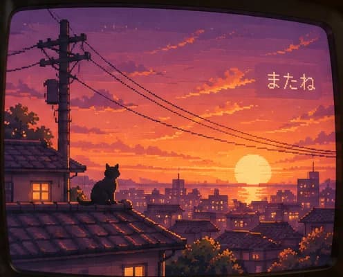 The RetroTV screen showing a pixel-art sunset with a cat on a rooftop