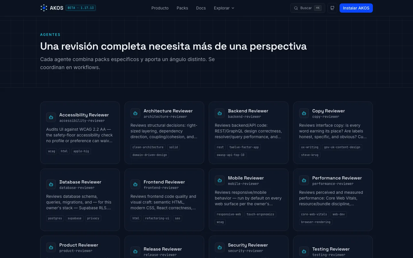 La web d'AKOS amb els seus agents revisors, com accessibilitat, arquitectura, backend i textos, cadascun amb els paquets que carrega