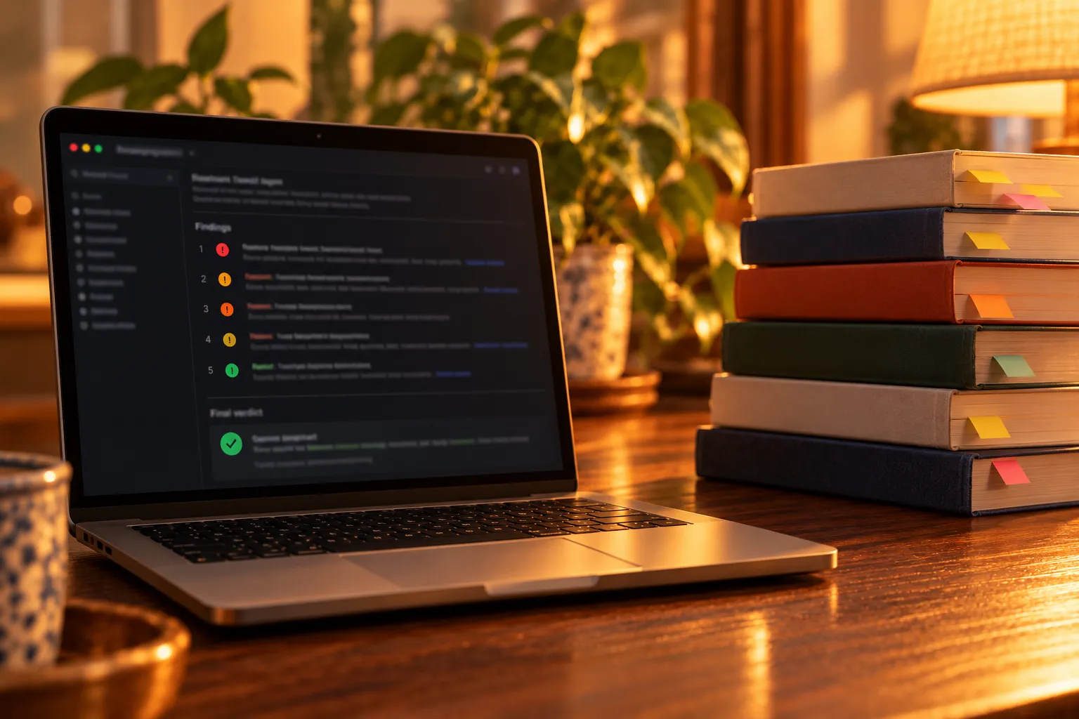 Un portàtil amb un terminal que mostra una llista ordenada de troballes de revisió i un veredicte final, al costat d'una pila alta de llibres amb pestanyes de colors