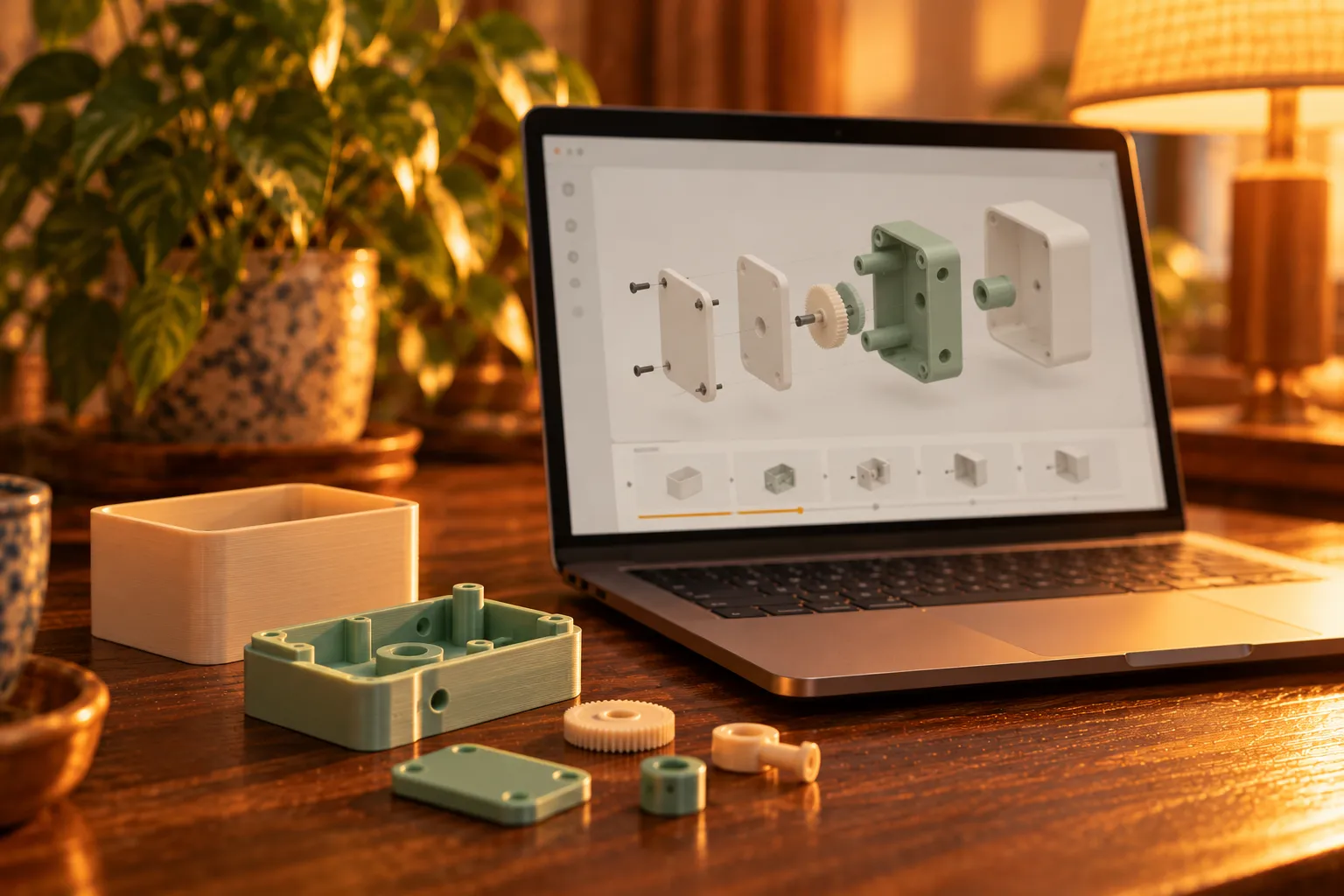 Un portàtil amb un visor 3D que mostra un mecanisme esbocinat i els passos de muntatge a baix, amb peces impreses en 3D de color menta i crema sobre l'escriptori