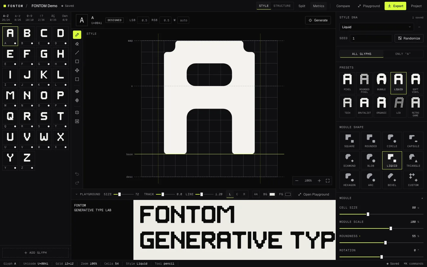 L'editor de FONTOM: l'alfabet a l'esquerra, la lletra A a la quadrícula amb l'estil Liquid, els estils a la dreta i una previsualització del text a sota