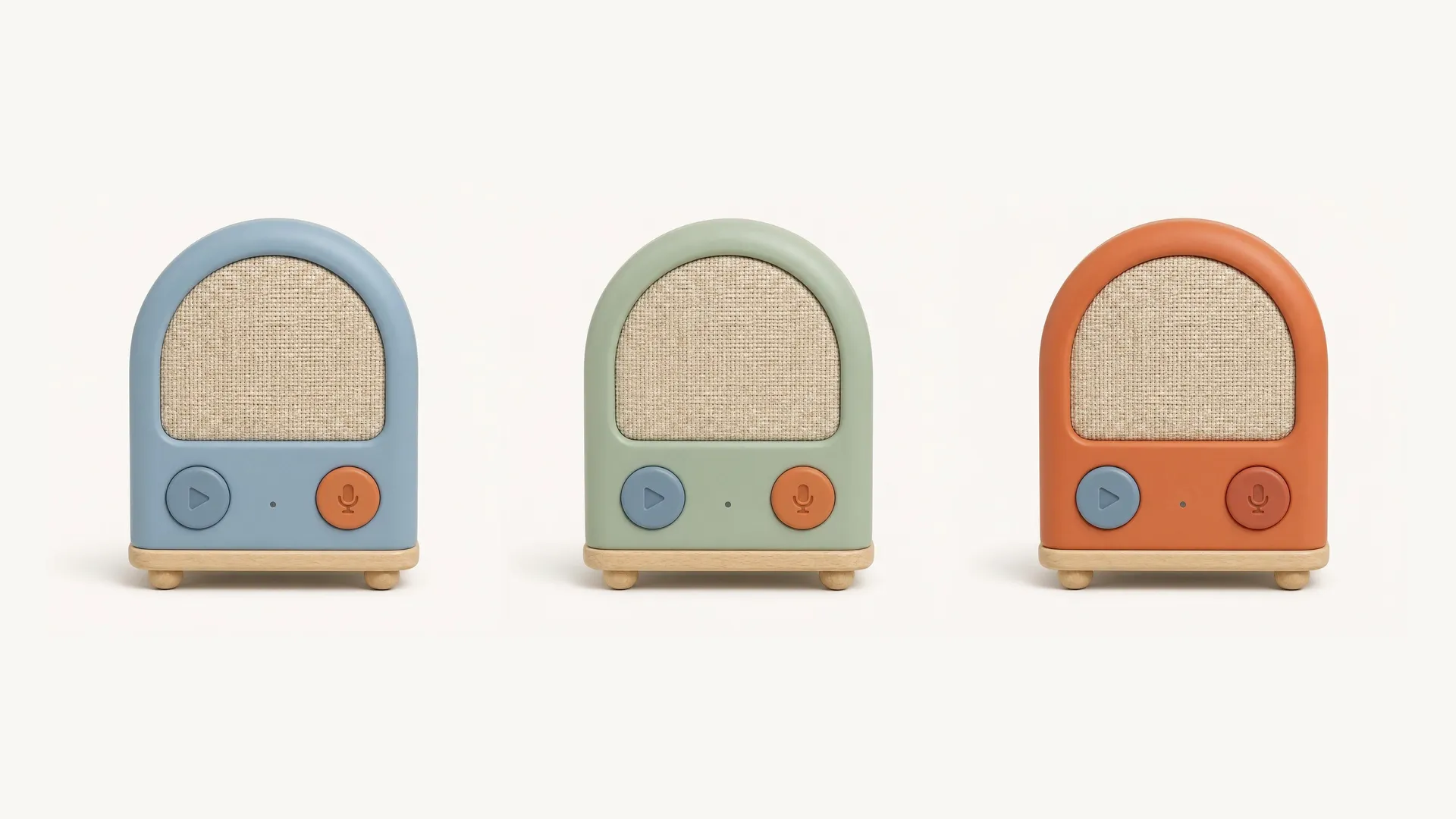 Renders de KIDCOM en tres colors, l'un al costat de l'altre, blau, verd sàlvia i taronja