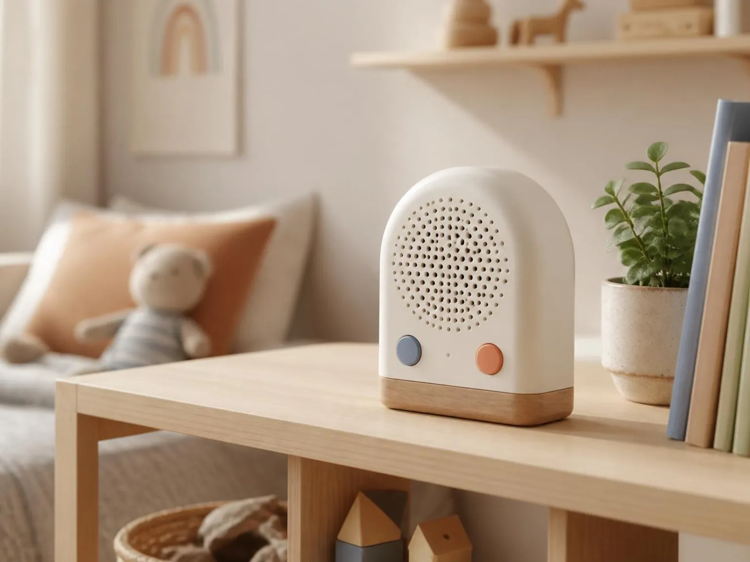 Un render del disseny de KIDCOM en un prestatge d'una habitació infantil, una capsa de color crema amb reixeta de roba, un botó blau, un de taronja i una base de fusta
