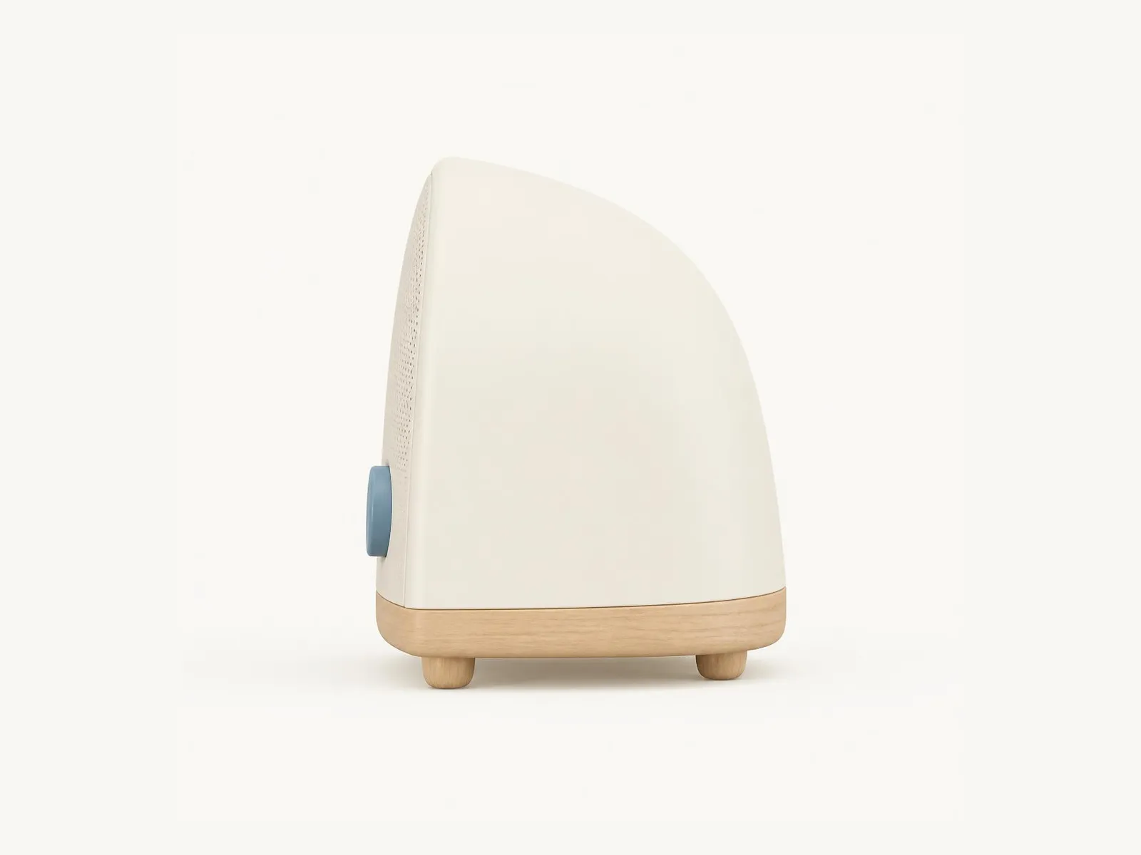 Render lateral de KIDCOM, una carcassa crema que es corba cap enrere sobre una base de fusta