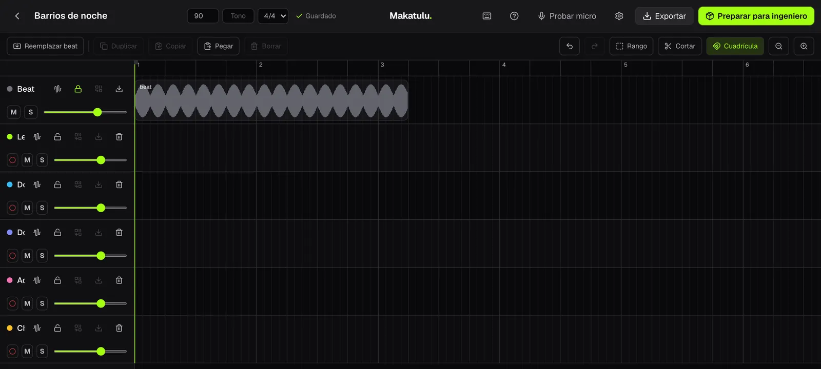 L'editor multipista de Makatulu: una pista de beat amb la seva forma d'ona, cinc pistes de veu buides i la quadrícula musical