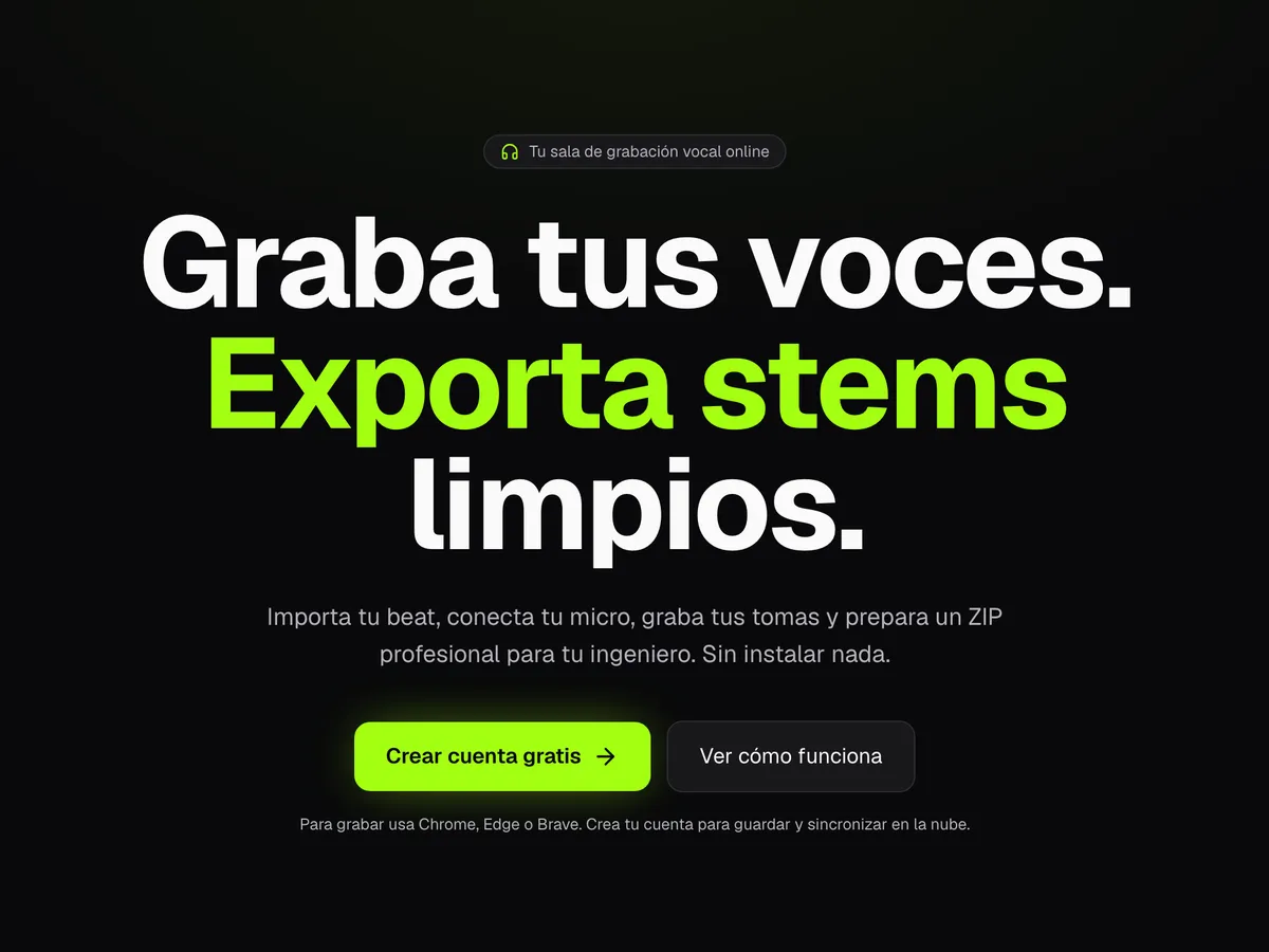 La pàgina d'inici de Makatulu, amb el titular Graba tus voces. Exporta stems limpios.