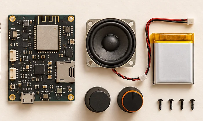 La placa ESP32-S3, l'altaveu, la bateria i les rodes sobre paper