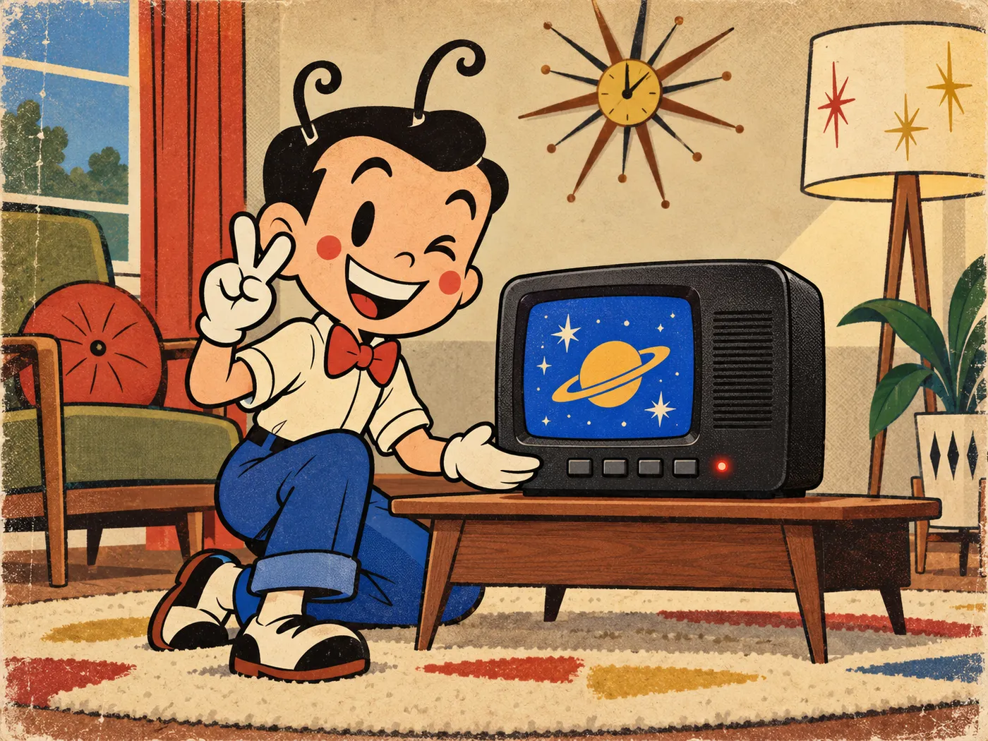 En Tito Antena, la mascota de RetroTV, un nen de dibuixos amb una antena al cap assegut al costat de la tele